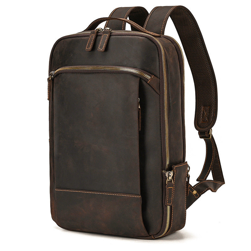double zipper main bag genuine leather large capacity crazy horse leather outdoor travel leisure backpack