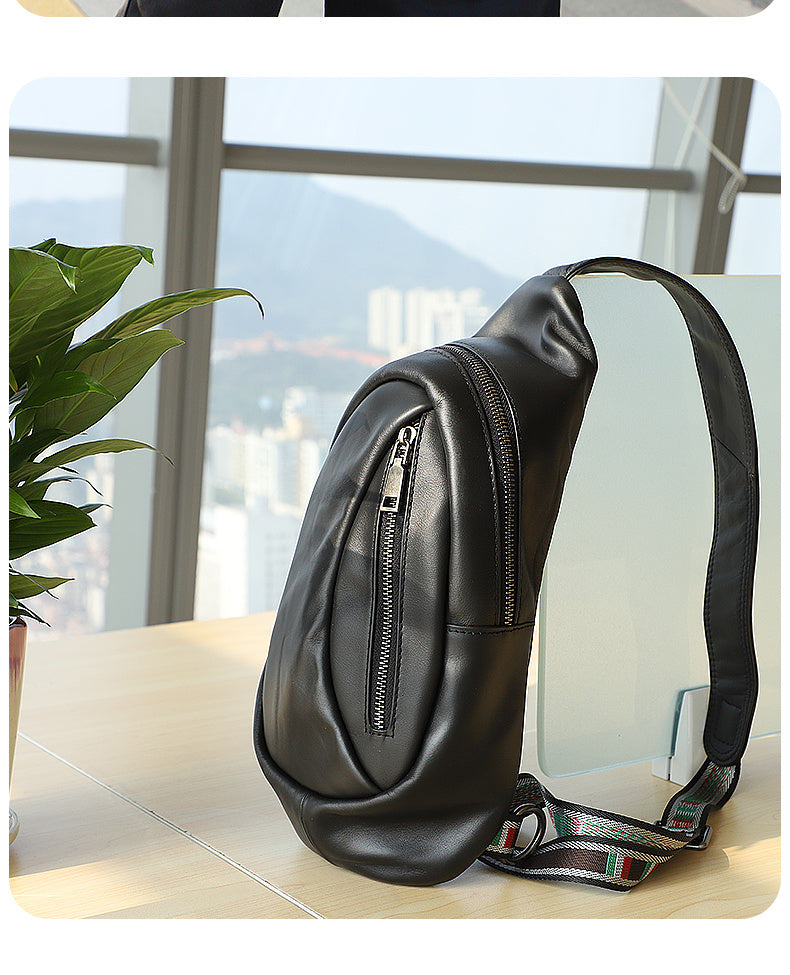 genuine leather mens chest bag one shoulder leisure sports
