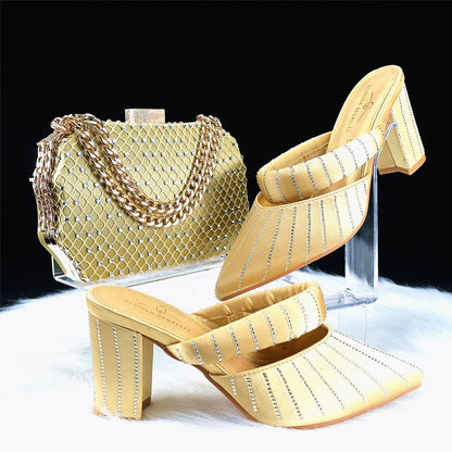 green 8cm pointed toe chunky heel high heels hand bag casual daily party dinner shoes bag suit