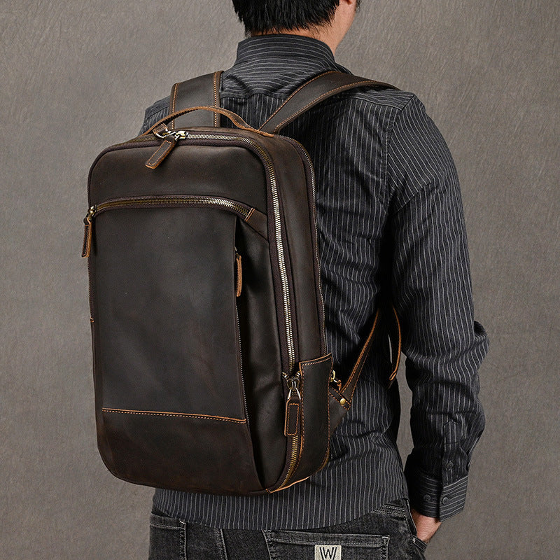 double zipper main bag genuine leather large capacity crazy horse leather outdoor travel leisure backpack