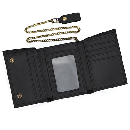 rfid genuine leather small wallet mens three fold multiple card slots with iron chain