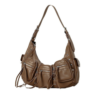 one shoulder punk tassel large capacity motorcycle bag women