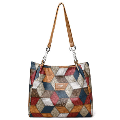 retro geometric pattern color matching shoulder bag fashion large capacity stitching handbag for women totes