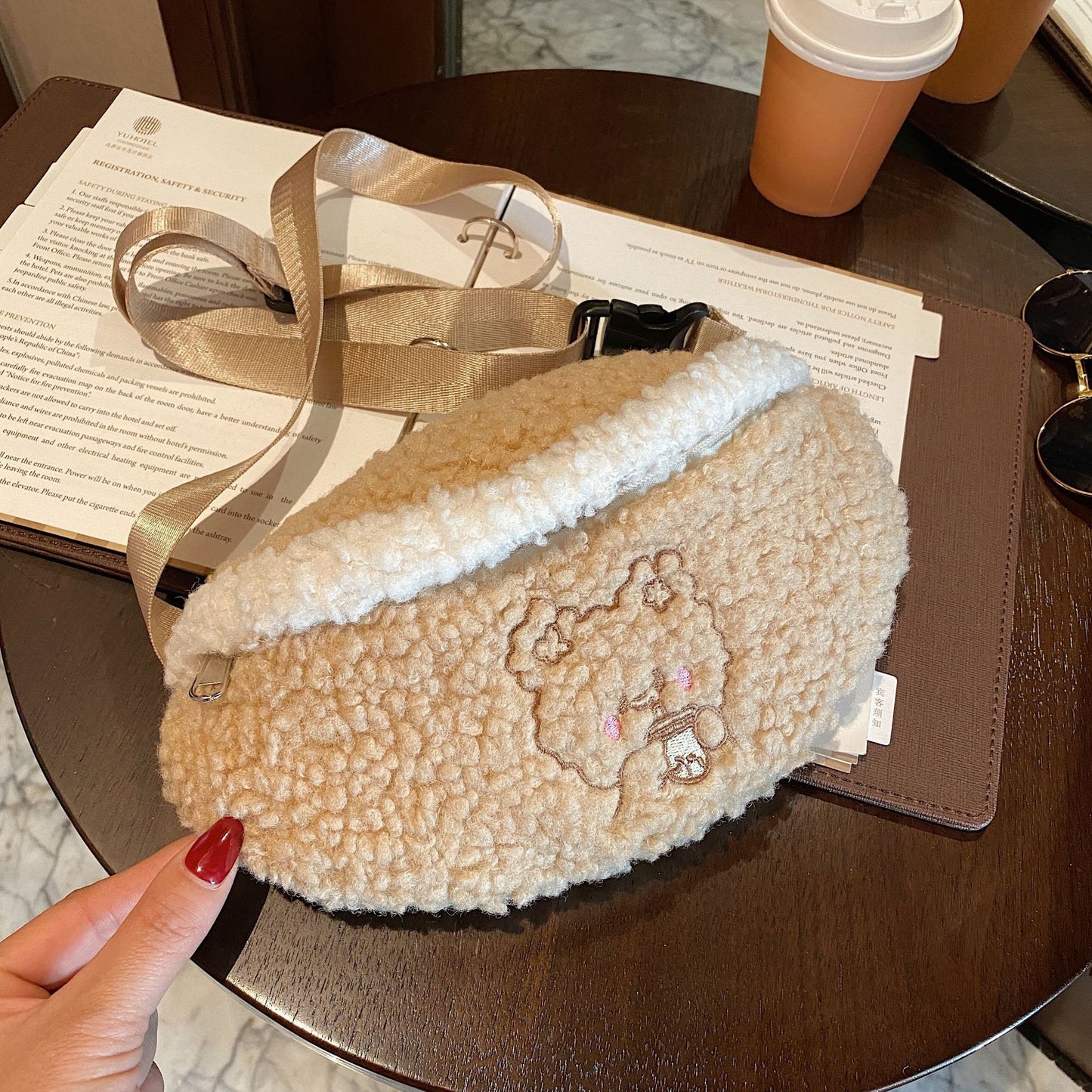 one shoulder crossbody cute cartoon embroidery bear lamb wool