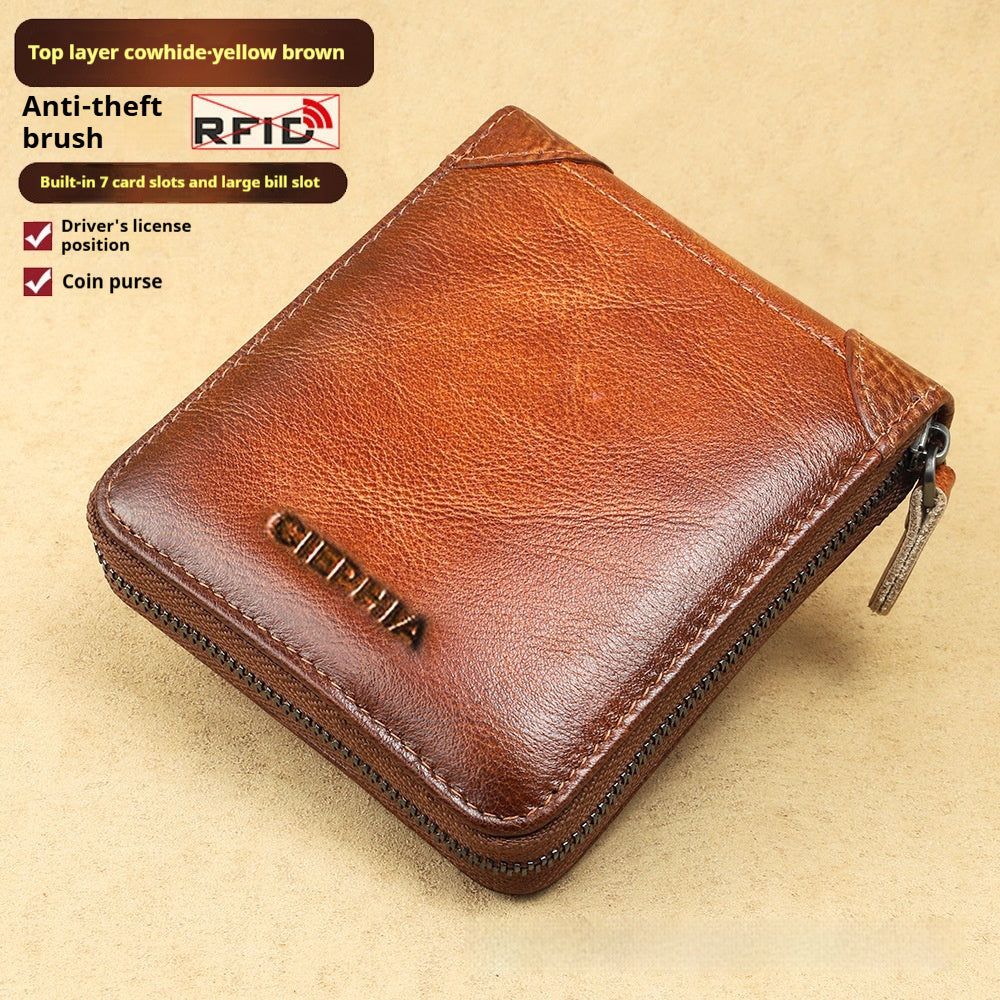 mens wallet leather short anti theft swiping zipper multifunctional