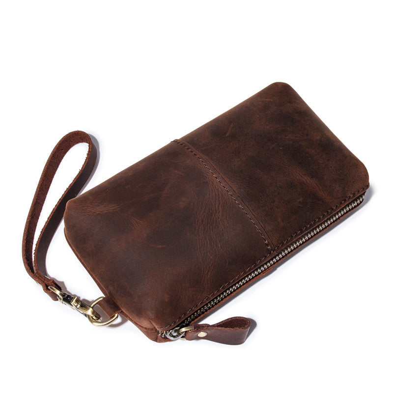 crazy horse leather simple retro long purse clutch bag