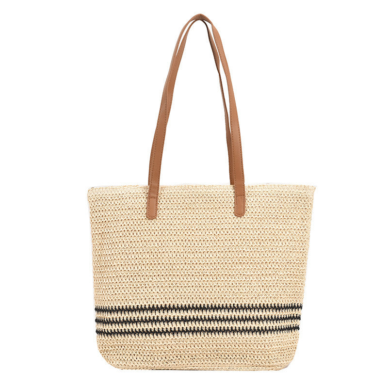 striped large capacity casual handbag summer straw bags