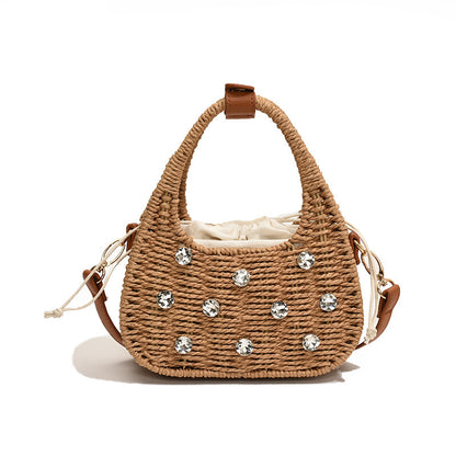 woven bag womens shoulder rhinestone portable messenger bag