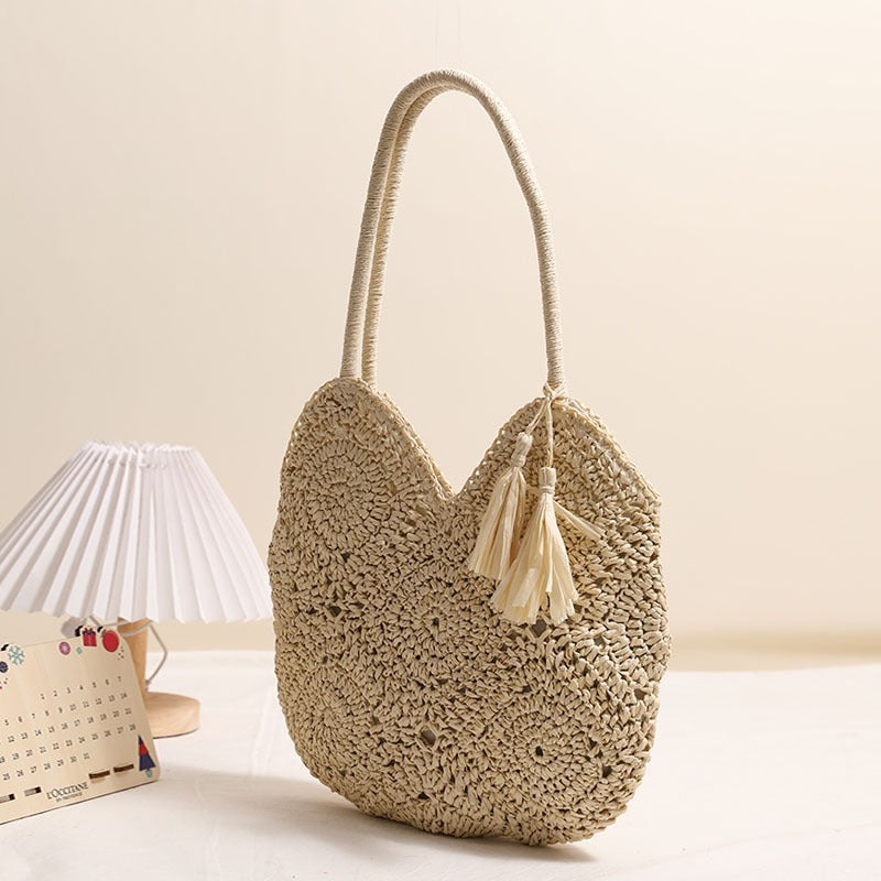 hollow tassel straw bag large capacity shoulder woven bag