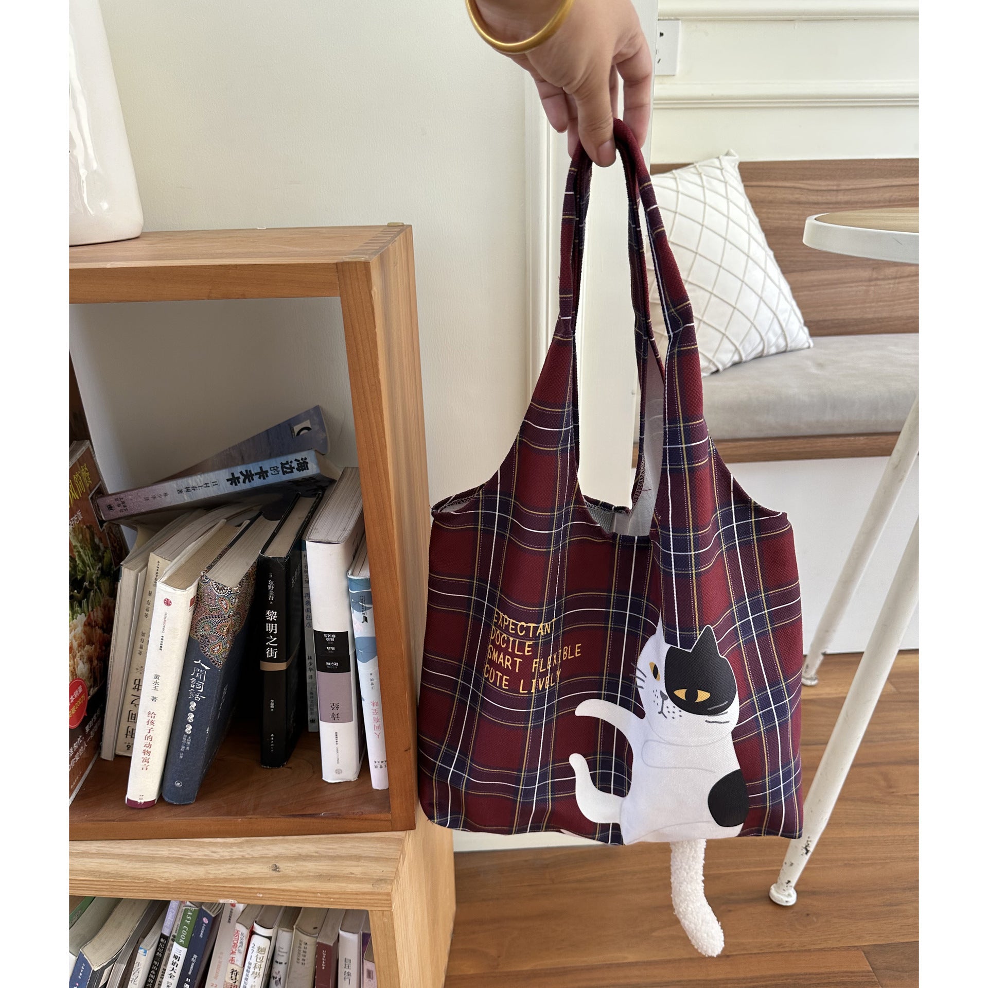 scottish plaid flocking cat printing handbag vintage