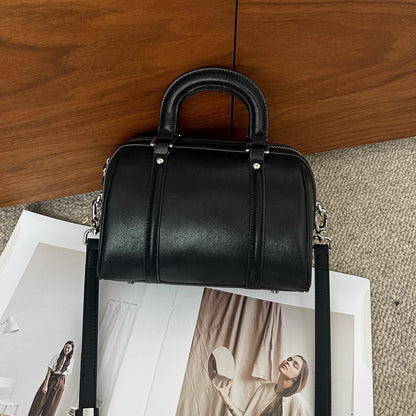 versatile cylindrical genuine leather portable crossbody bag