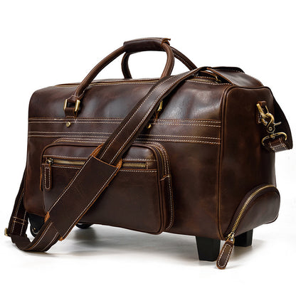 mens genuine leather trolley case retro leather travel bag