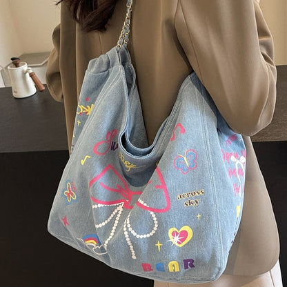 Women's Niche Graffiti Denim Canvas Casual Large Capacity Single Shoulder Bag