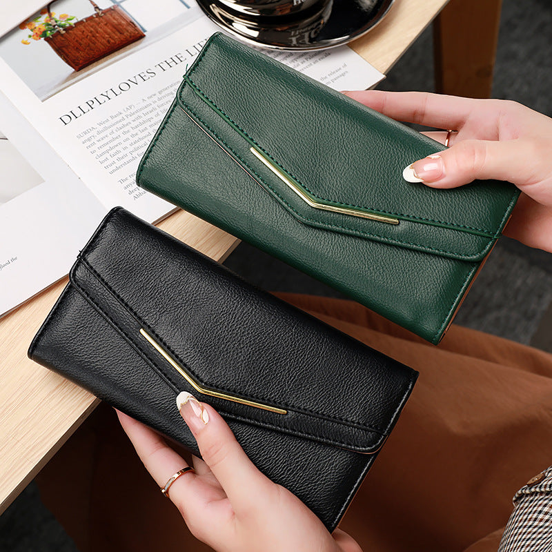 womens long three fold stitching fashion multi card slot leather oil wax leather large capacity wallet