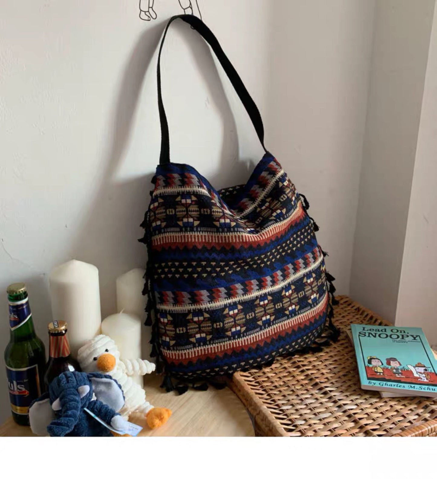 geometric tribal tasselled tote bags