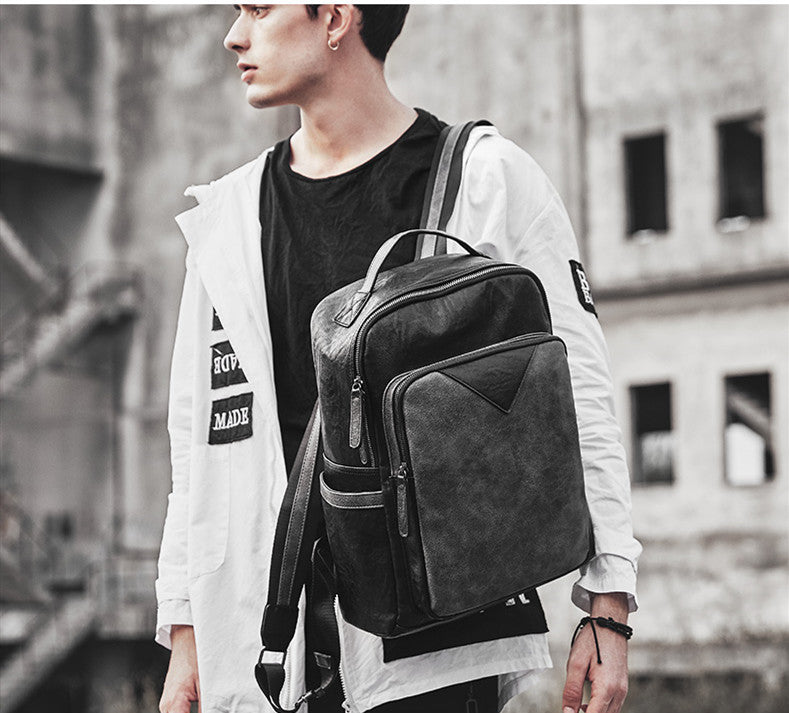 fashion waterproof men black pu leather backpack school bag