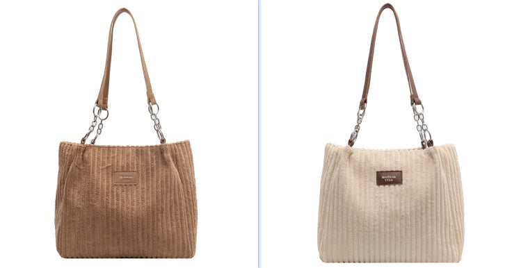 Casual Simple Portable Shopper Tote Bag Corduroy Solid Commuter Zipper Women's Handbag