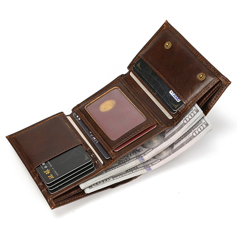 rfid genuine leather small wallet mens three fold multiple card slots with iron chain