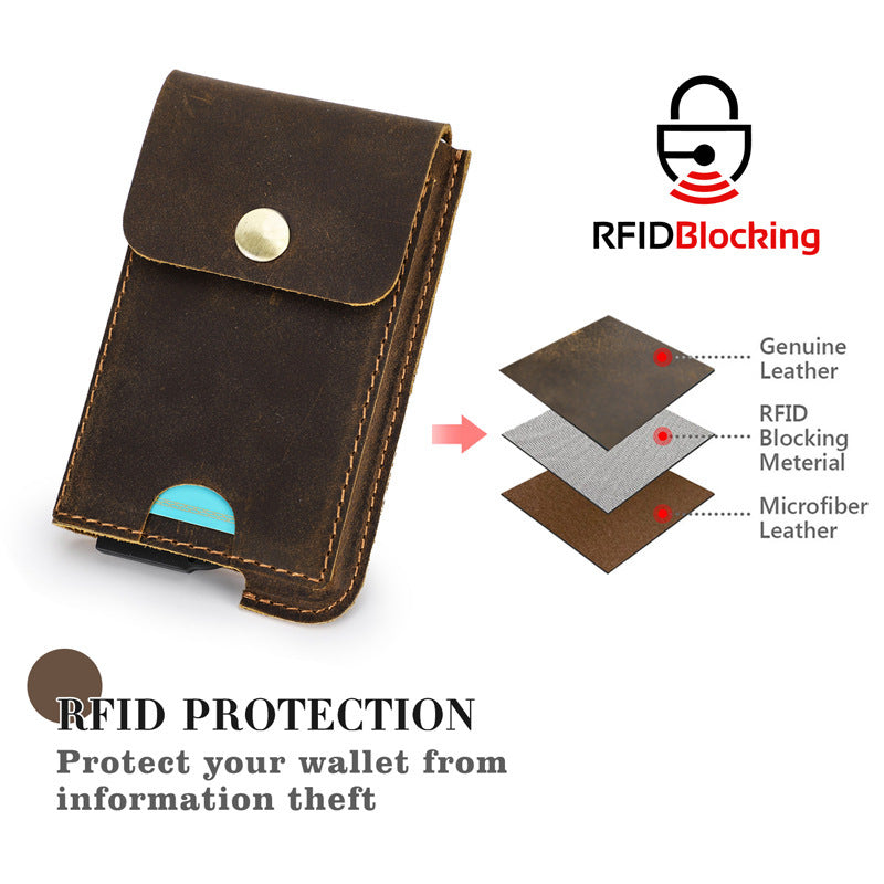 crazy horse cowhide rfid anti theft swipe automatic card box