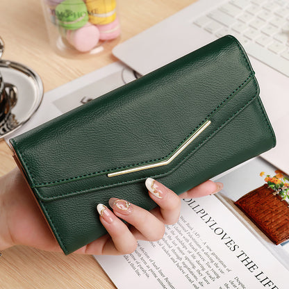 womens long three fold stitching fashion multi card slot leather oil wax leather large capacity wallet