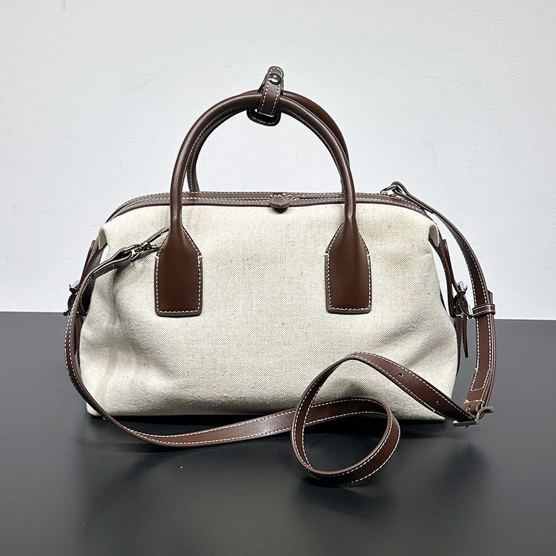 high grade light luxury linen contrast color bowling leather casual bag