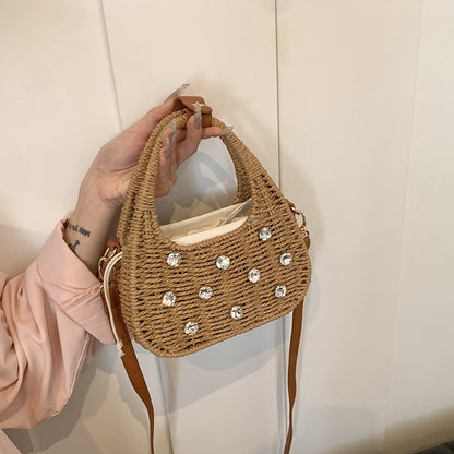woven bag womens shoulder rhinestone portable messenger bag