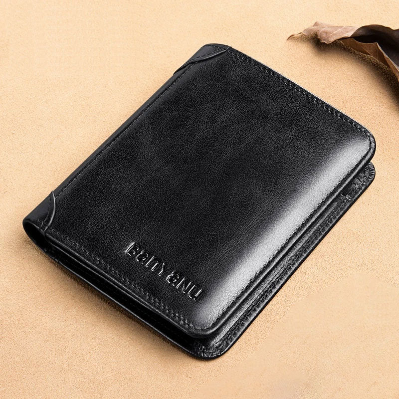 mens short matte leather tri fold vertical wallet