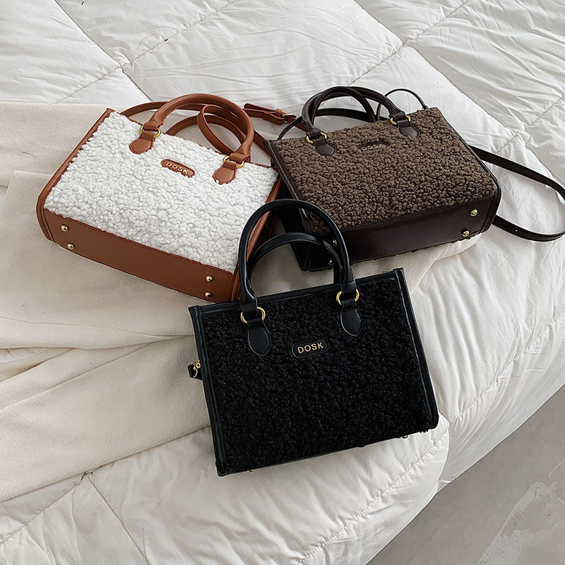 winter solid color pu lamb wool small square bag