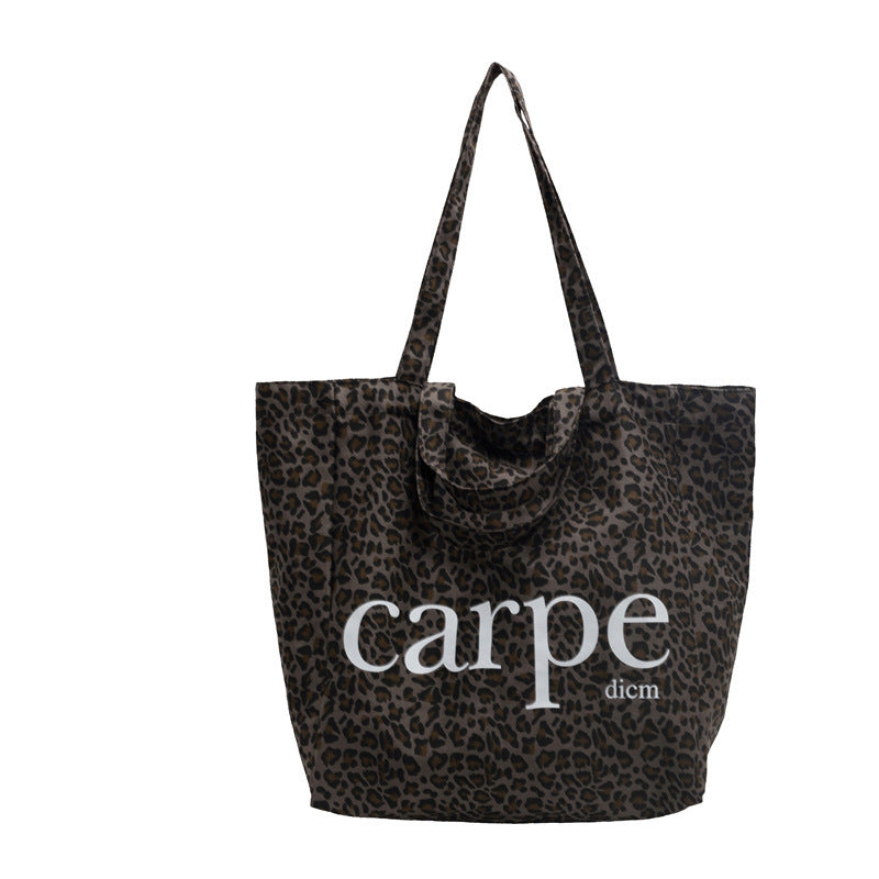unique one shoulder leopard print large capacity canvas bag