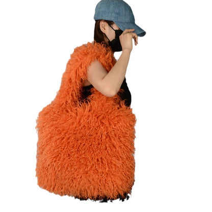 faux fur beach wool plush bag portable shoulder large capacity totes