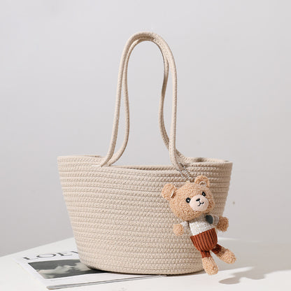 womens fashion casual cotton thread shoulder straw bag