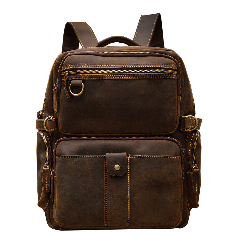 leather wide shoulder strap travel cowhide backpack