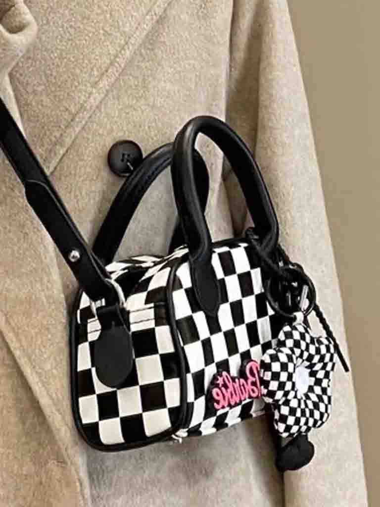 new handbag small flower pendant checkerboard bag niche design fashion