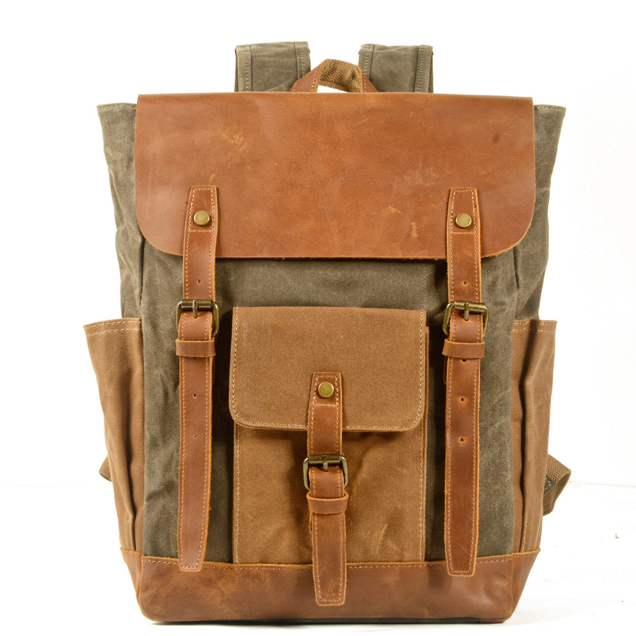 canvas stitching crazy horse leather backpack oil wax waterproof computer schoolbag