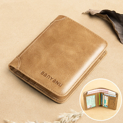 mens short matte leather tri fold vertical wallet