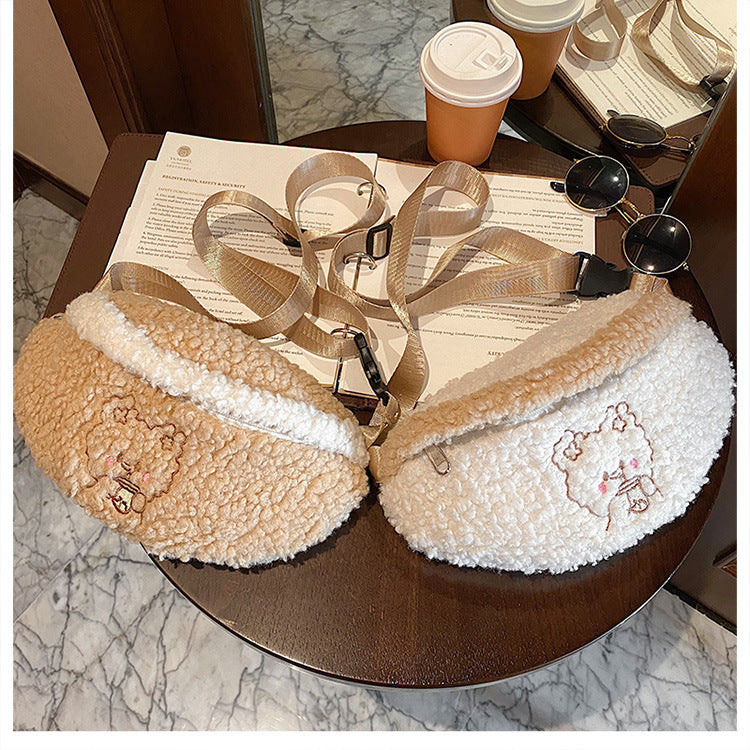 one shoulder crossbody cute cartoon embroidery bear lamb wool