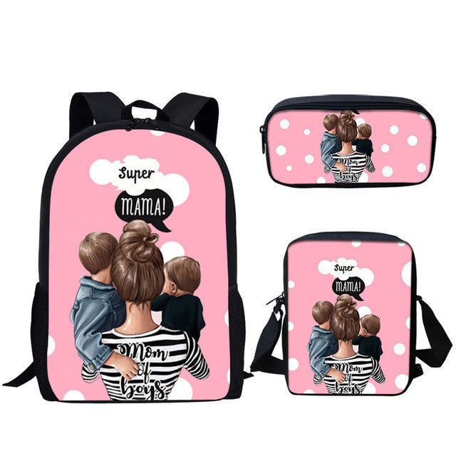 three piece printed student backpack diagonal bag