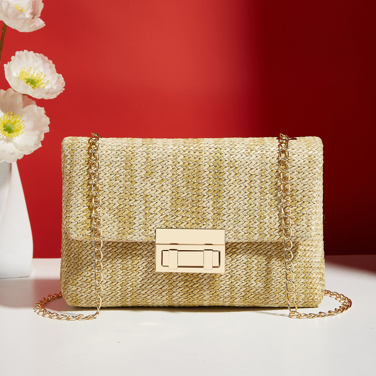 fashion crossbody bag straw lock closure simple small square bag
