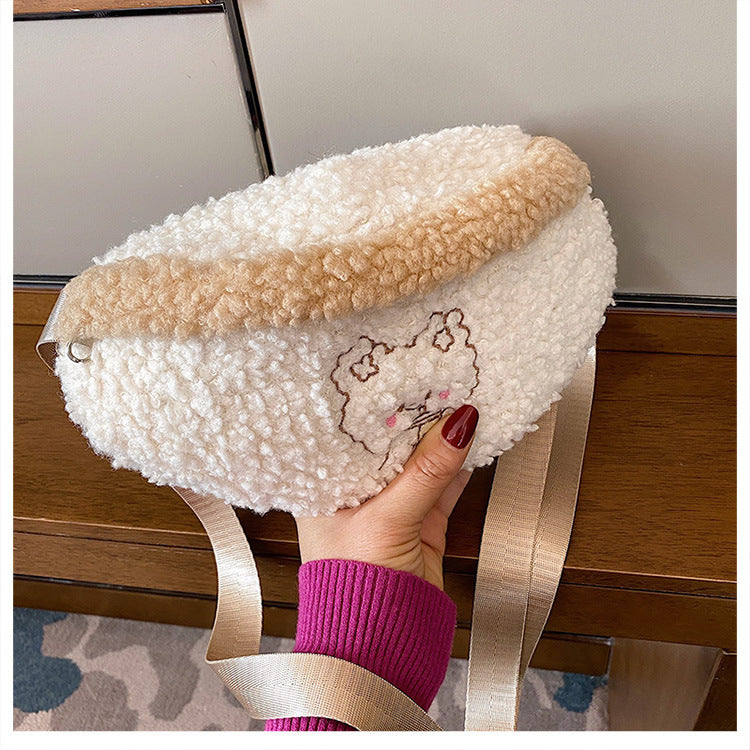 one shoulder crossbody cute cartoon embroidery bear lamb wool