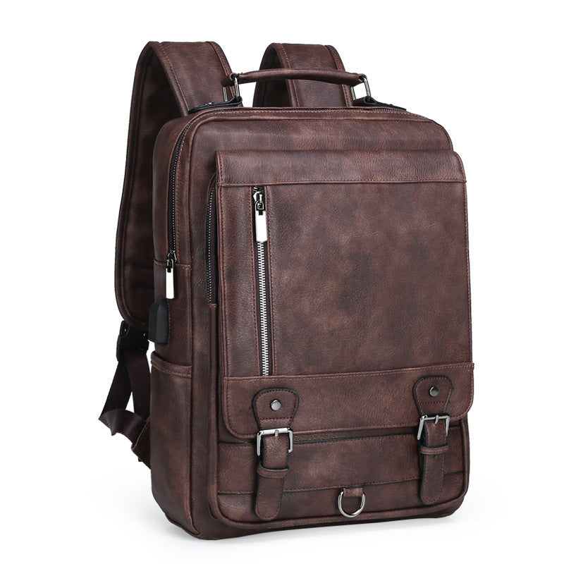 mens leather new large capacity usb charging backpack