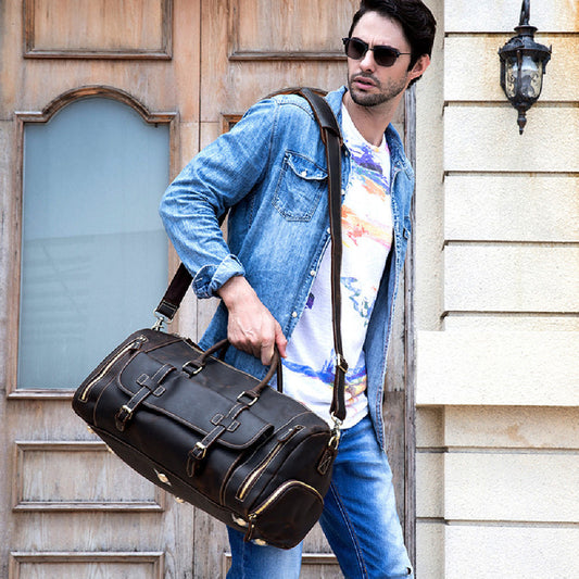 fashion vegetable tanned leather travel bag men