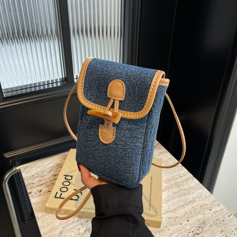 vertical denim mobile phone bag womens horn button shoulder messenger bag