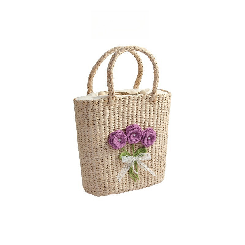 casual hand woven straw bag verticle square flower purple