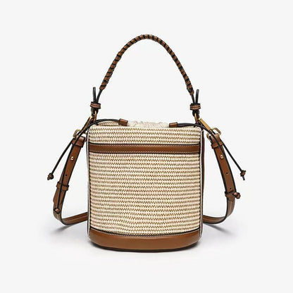 Brown Cylindrical Tote Bag With Dual Handles, Designed For Handheld Or Crossbody Wear