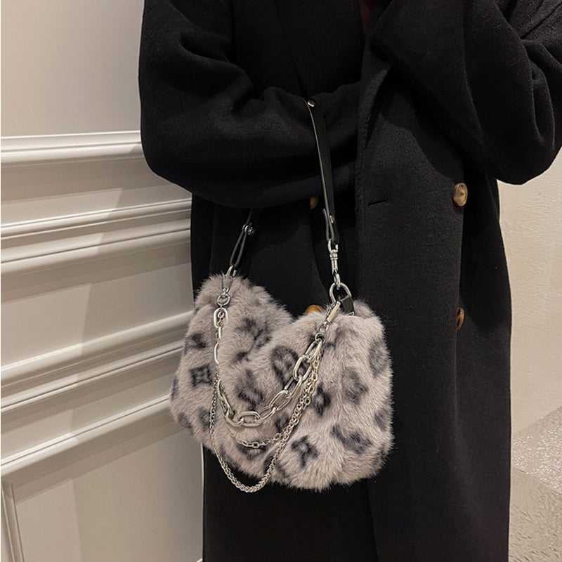 winter plush bags chain shoulder bag women flowers print handbags