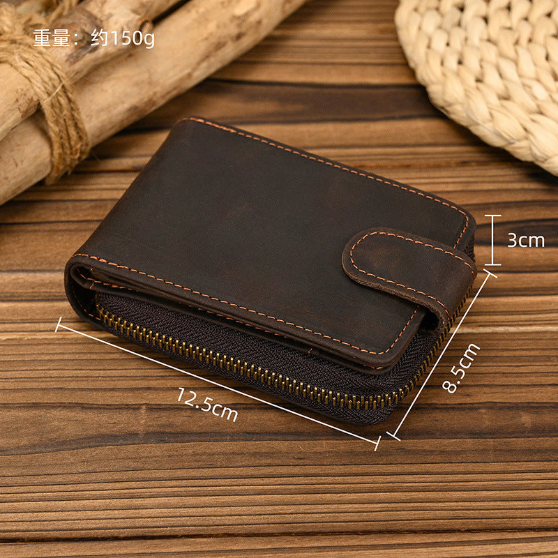 mens short crazy horse leather zipper wallet