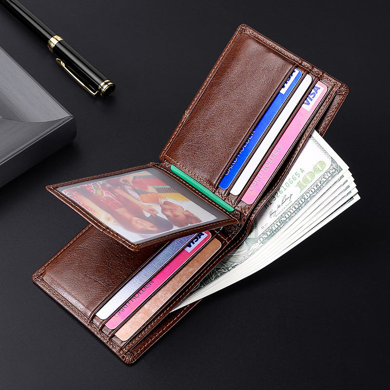 anti magnetic theft brush retro oil leather wallet smooth touch rfid business men standard wallet with photo window