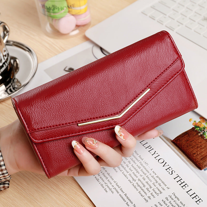 womens long three fold stitching fashion multi card slot leather oil wax leather large capacity wallet