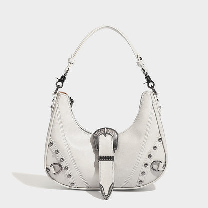 womens distressed silver belt buckle underarm shoulder bag