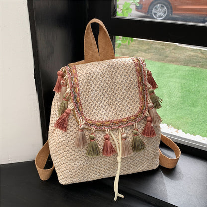 western style travel womens straw backpack bohemian style tassel bag